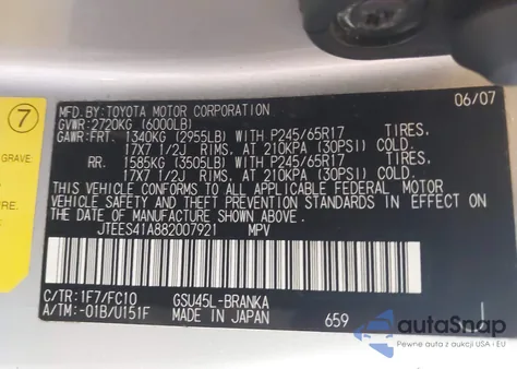 2008 Toyota Highlander from USA, damaged, VIN JTEES41A882007921